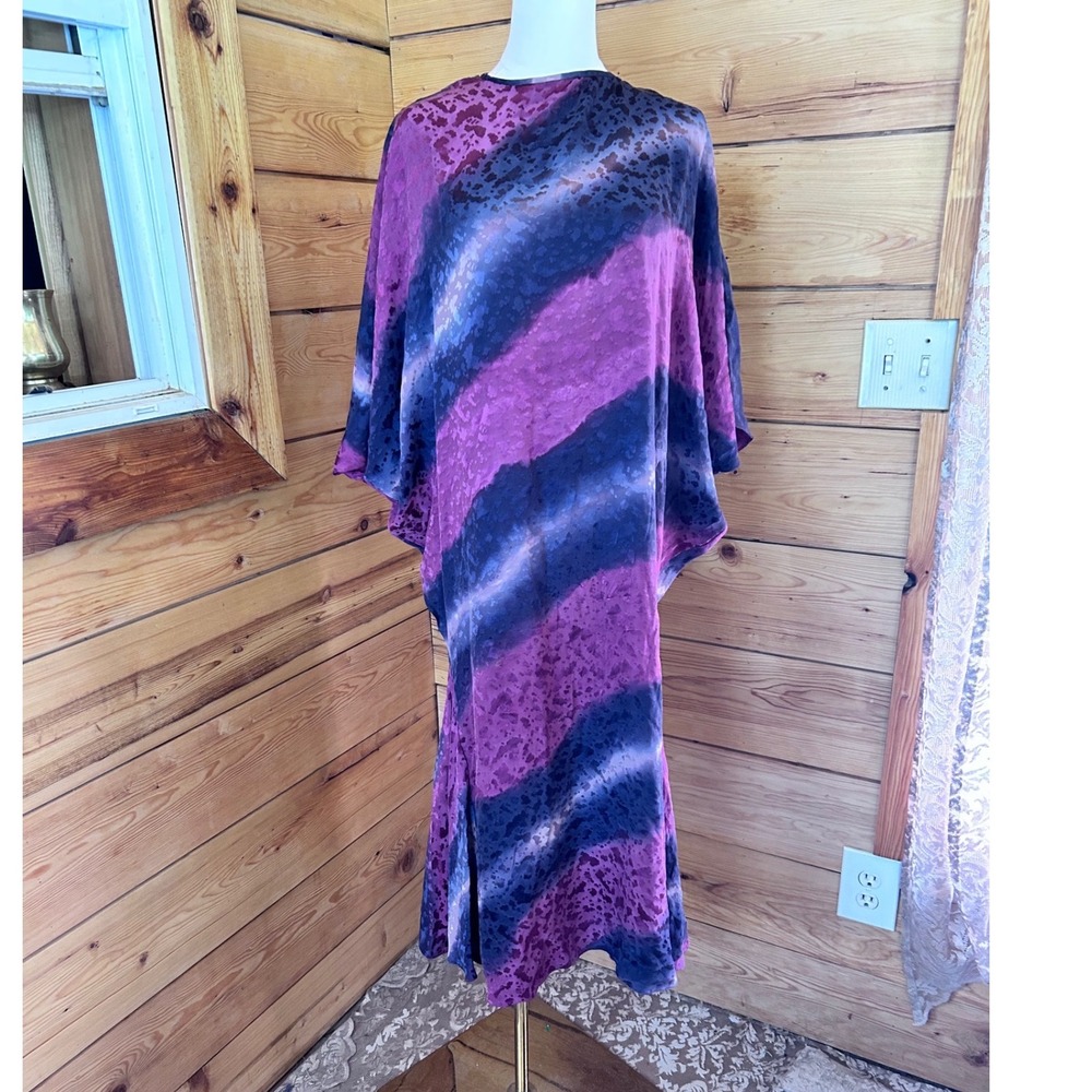 Vintage Silk Kaftan Dress Womens Large Purple Tie Dye Shibori Batik Maxi Gown